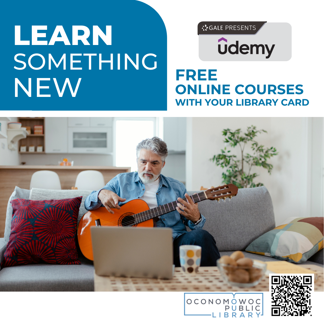 Learn Something New. Free online courses with your library card. Gale Presents Udemy.” Image shows a person sitting on a couch playing an acoustic guitar with a laptop on a coffee table.