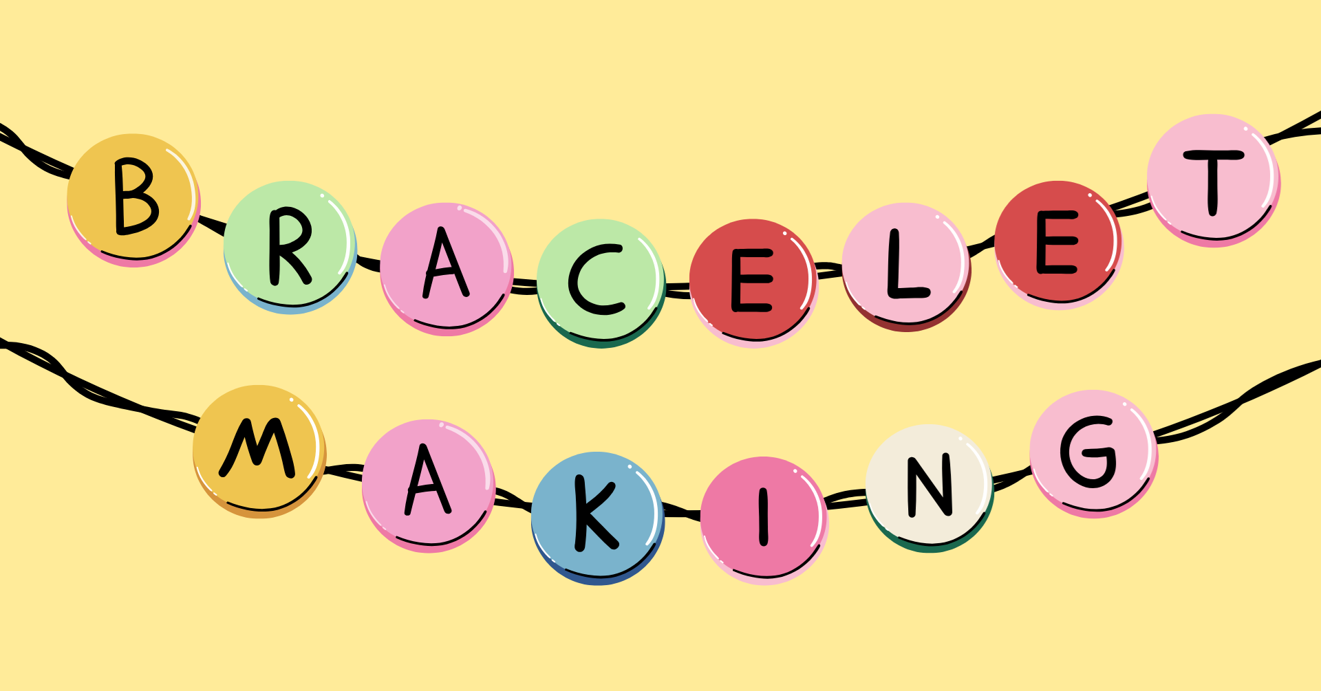 Bracelets with letter charms that spell out Bracelet Making.