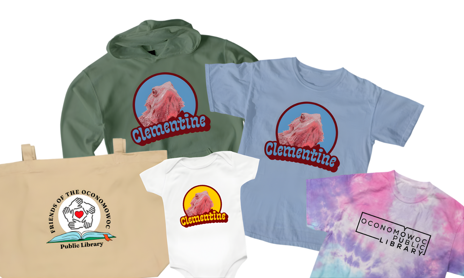 Various styles of clothing branded with the OPL logo, the Friends of the Oconomowoc Public Library logo, and OPL's animal ambassador Clementine.