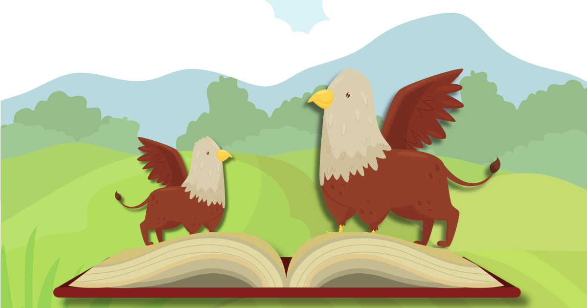 Two griffins reading a book.