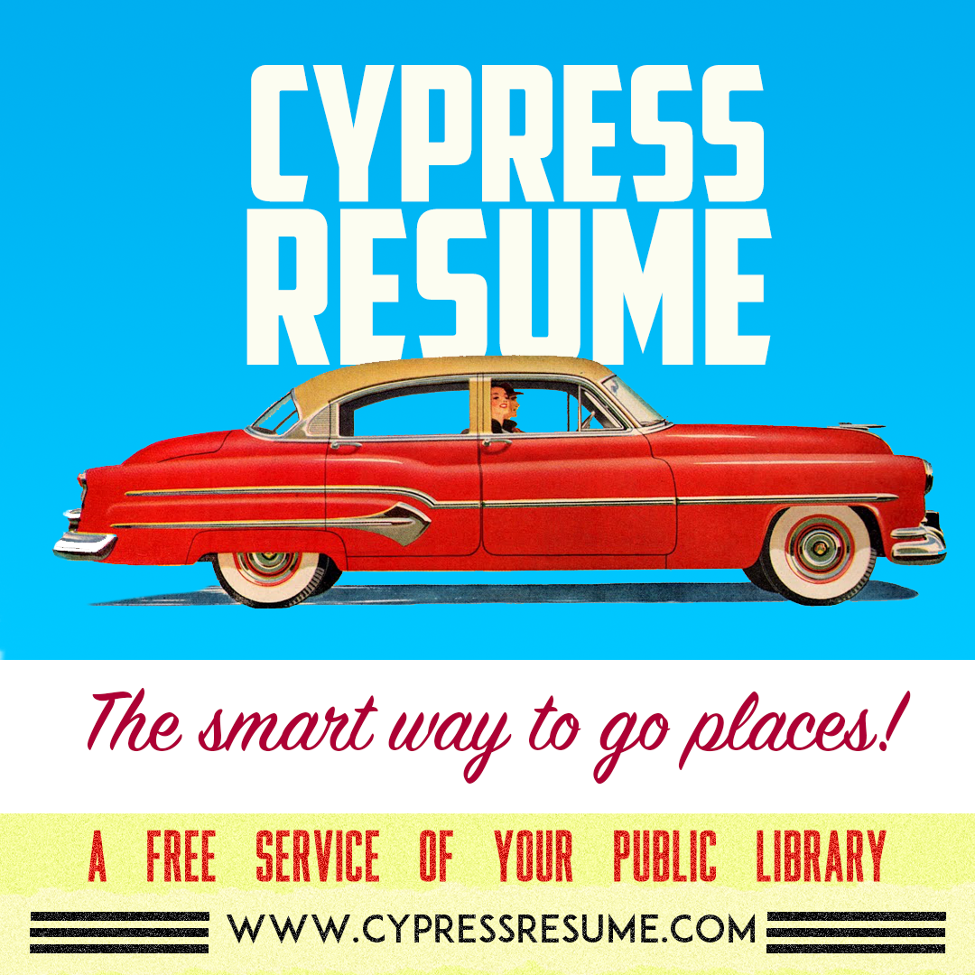  vintage car, tagline “The smart way to go places,” and note: free public library service.