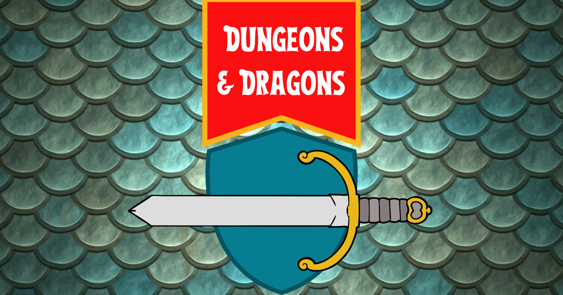 Sword and shield in front of a scaled background.