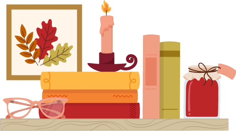 Shelf with cozy fall items and books