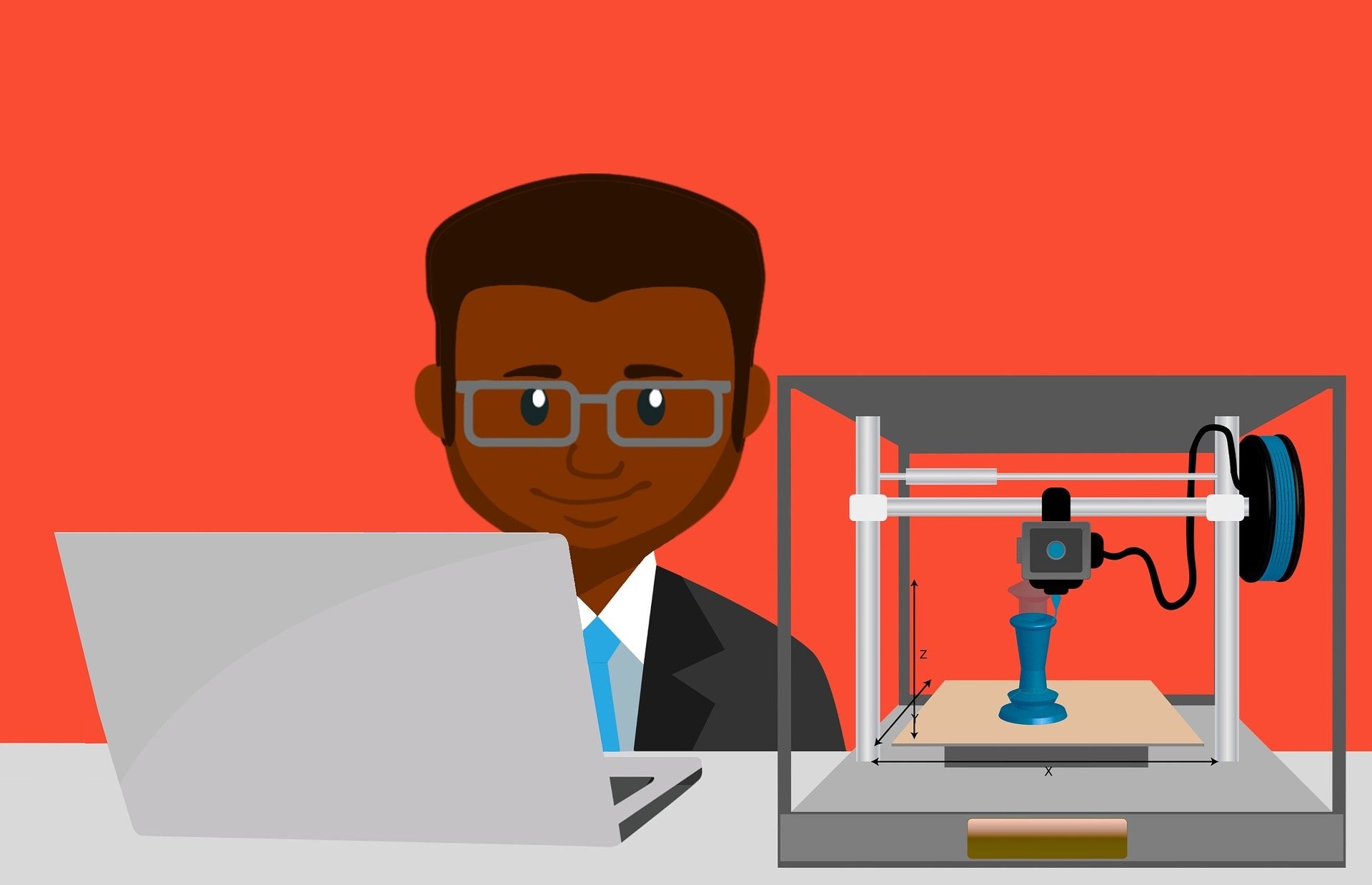 Man Working with Laptop and 3d Printer