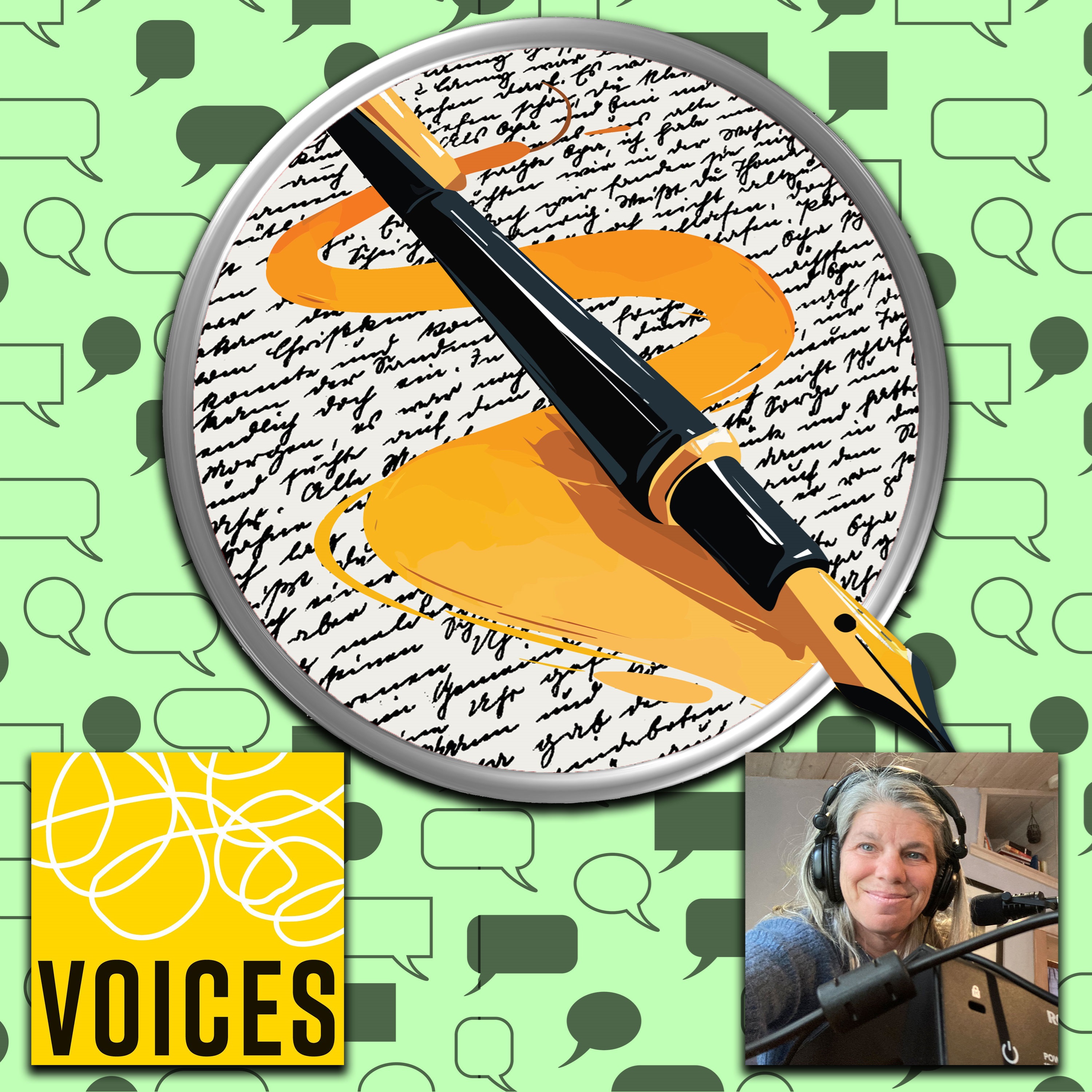 Pen and writing with VOICES logo and Mitzy Rapkin 