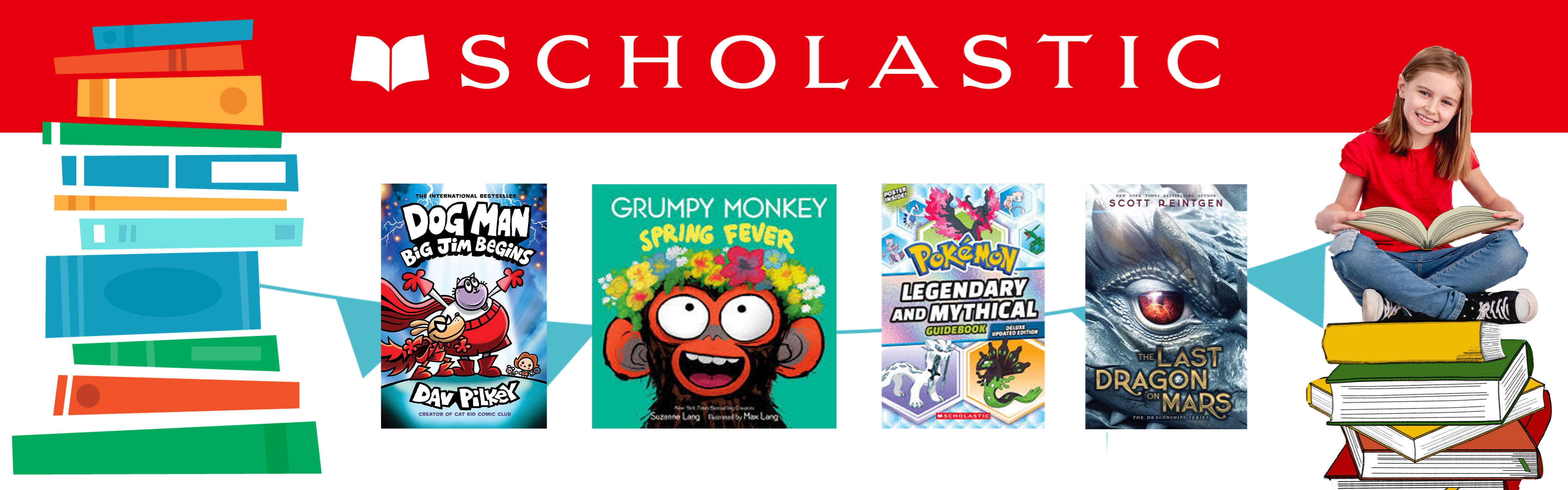 Scholastic book fair: Child sitting on top a stack of books