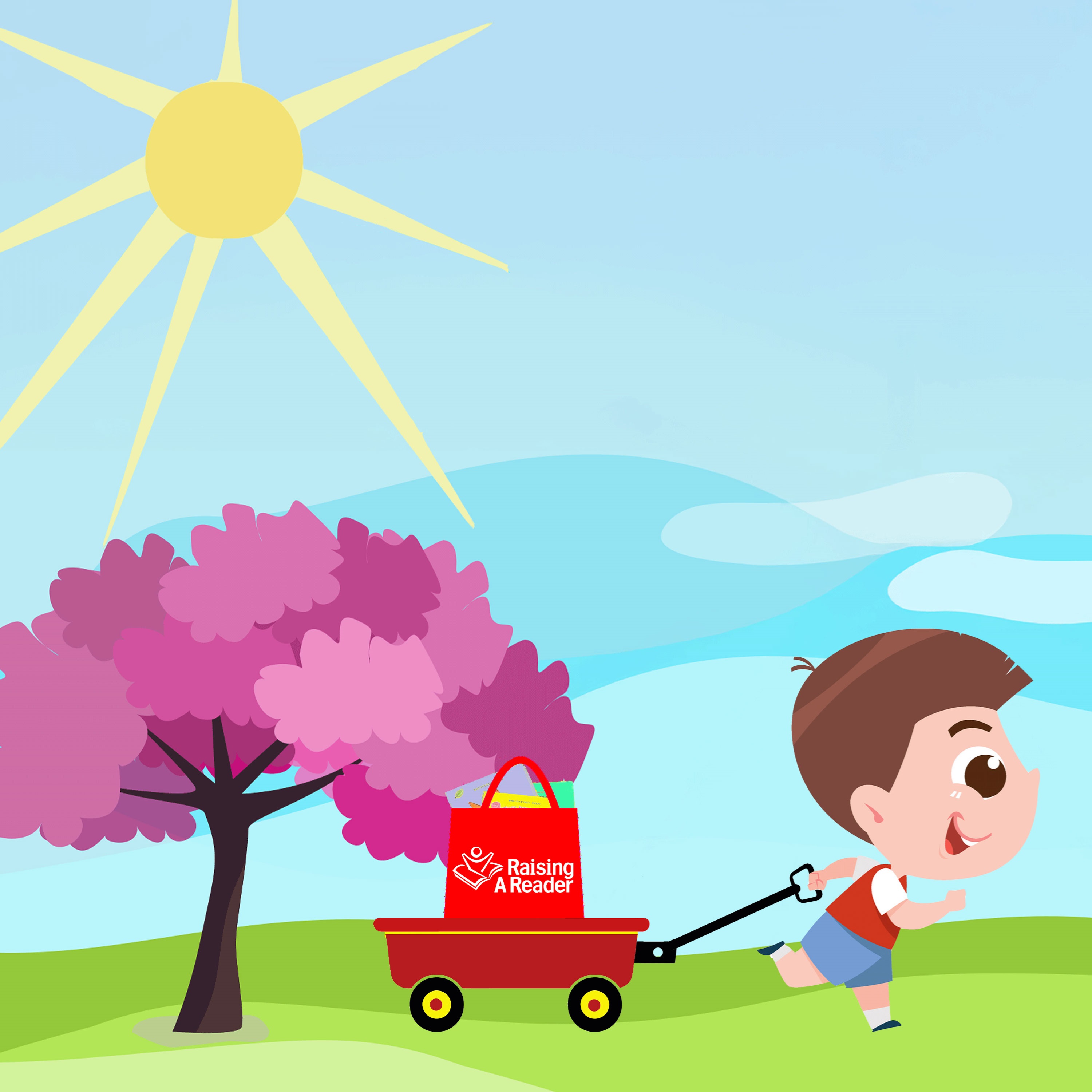 Boy pulling a wagon with a red Raising a Reader bag in it. 