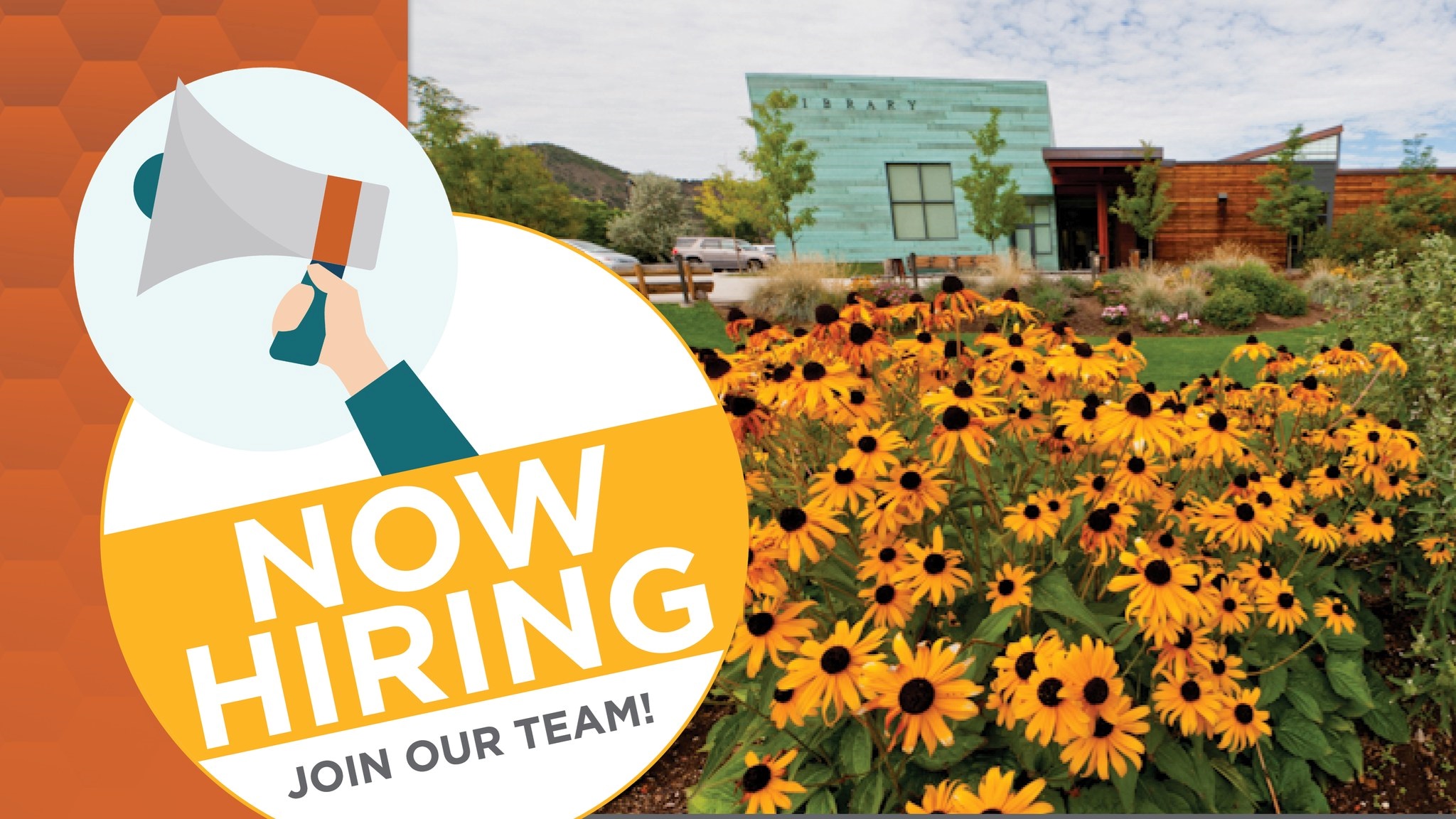 BRLD building in spring with NOW HIRING text 