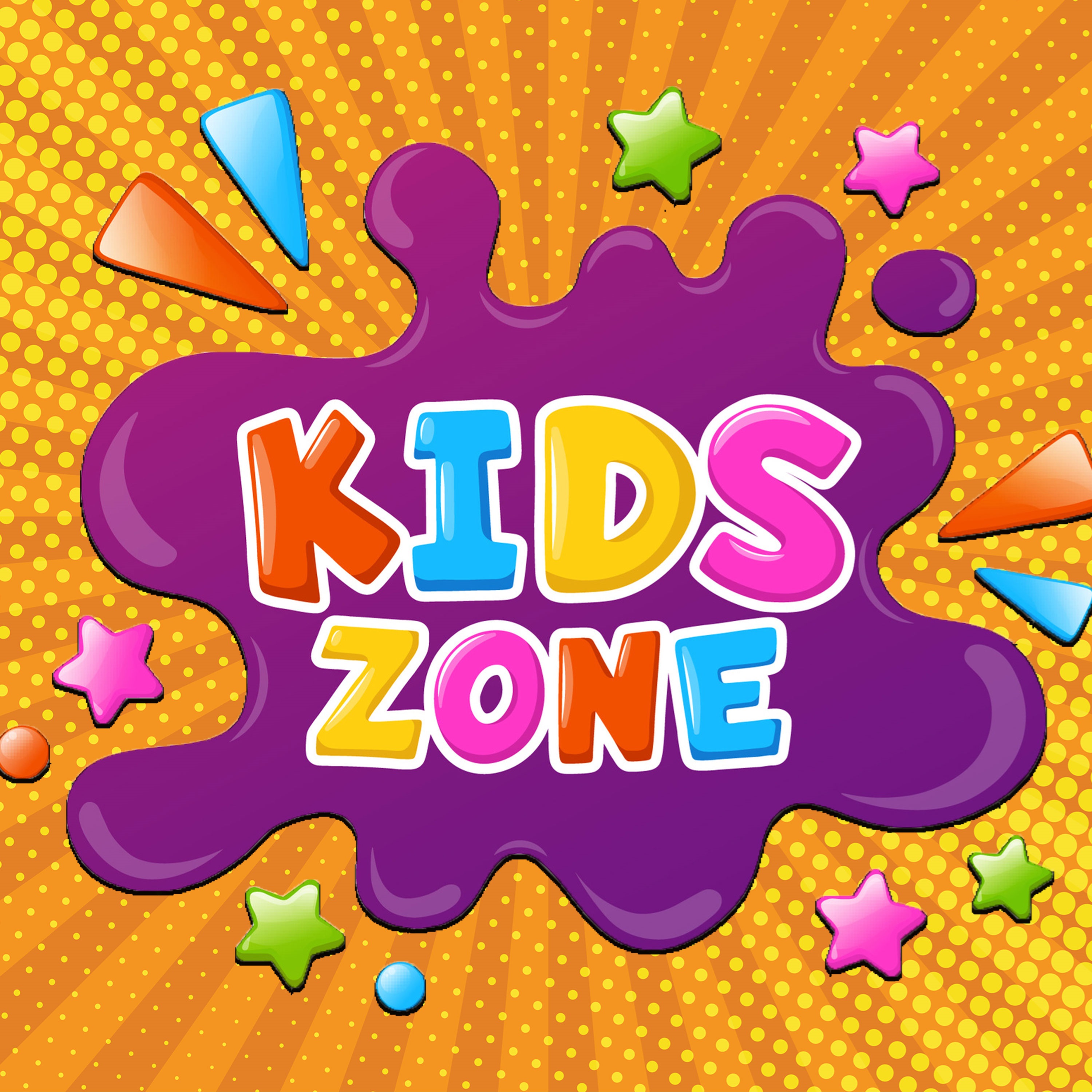 Kids Zone text within a colorful splash 