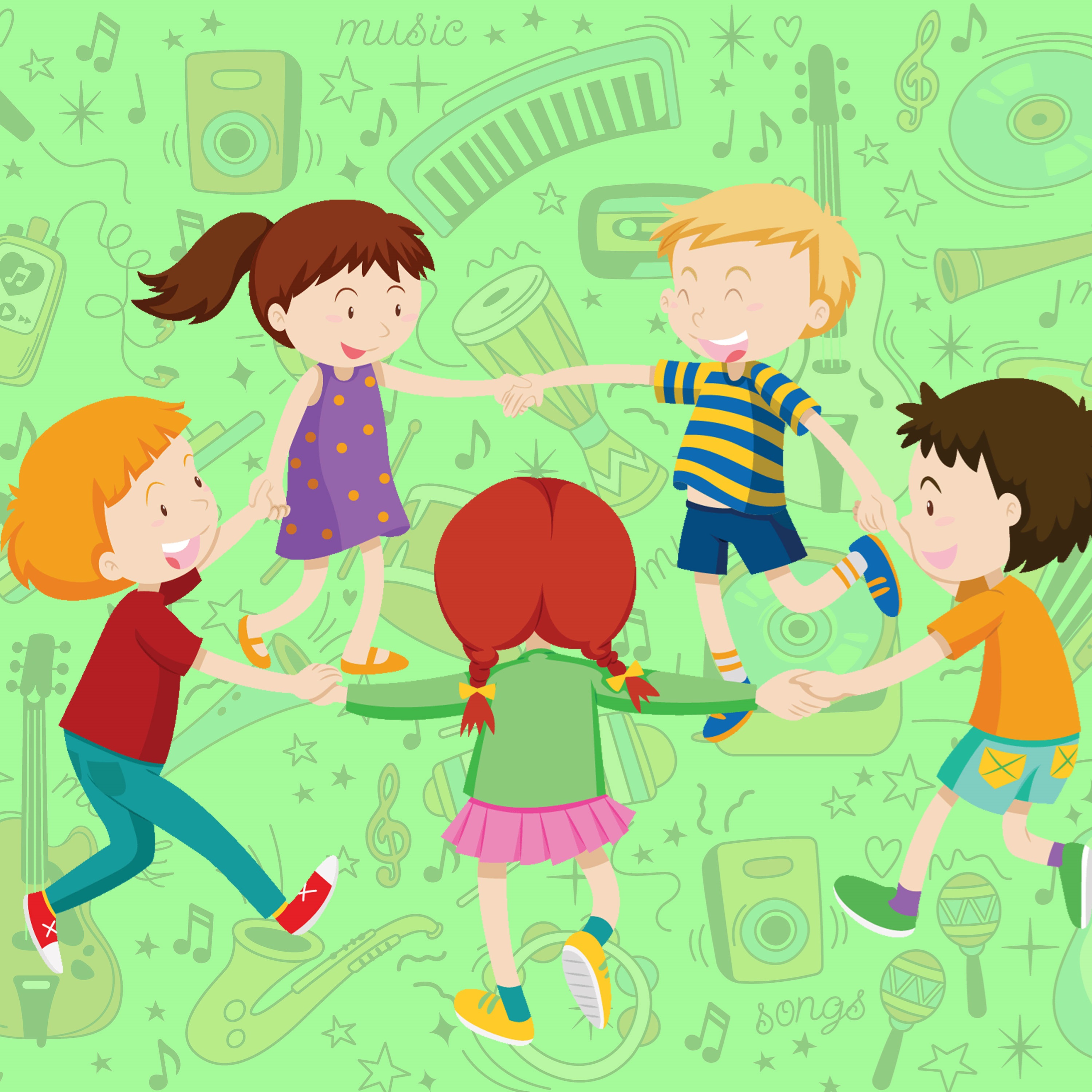 Children holding hands dancing in a circle. 