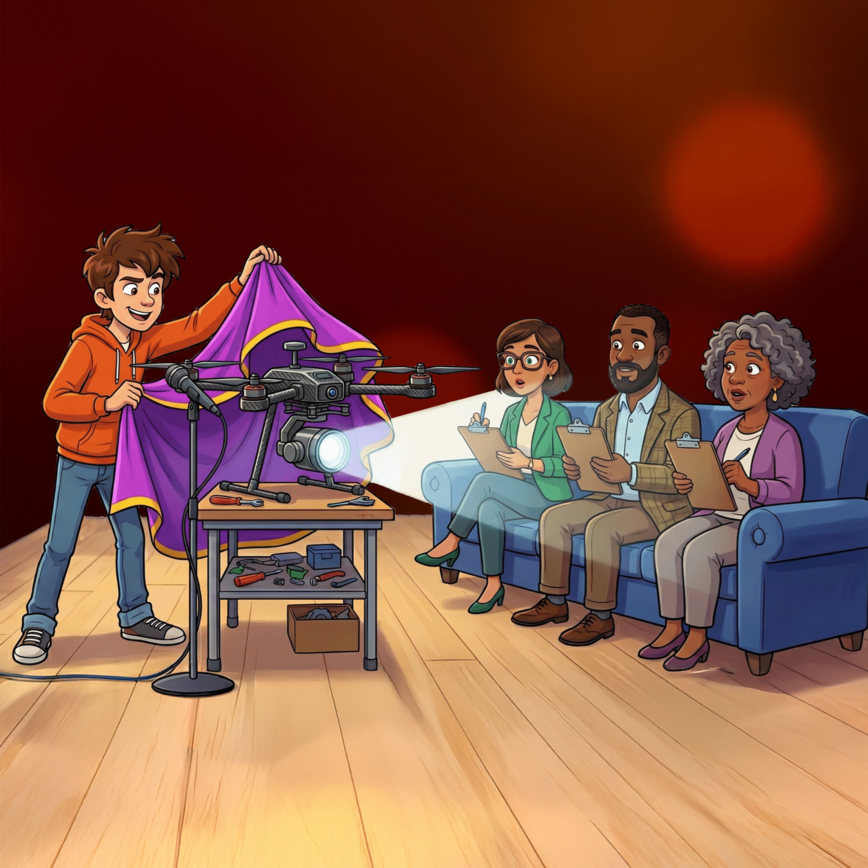 Cartoon teen presenting a project to a group