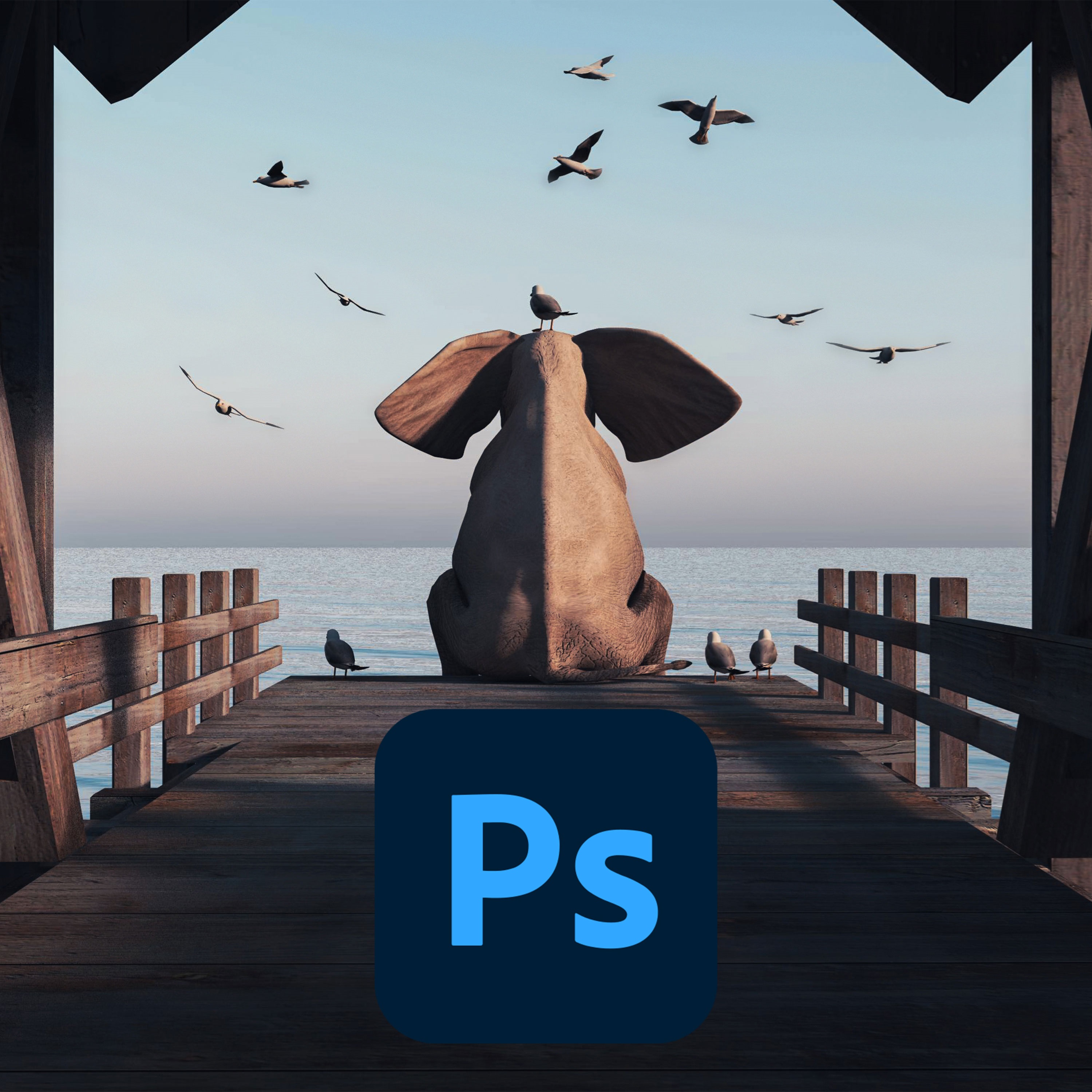 An elephant sitting on a dock with the photoshop logo