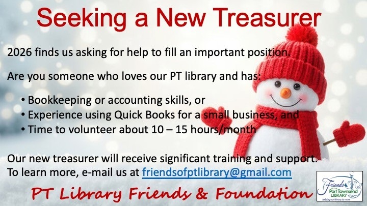 Seeking a new Treasurer for the Friends of the Library with a snowman