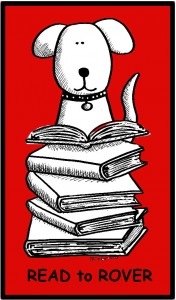 dog with stack of books and text that says Read to Rover