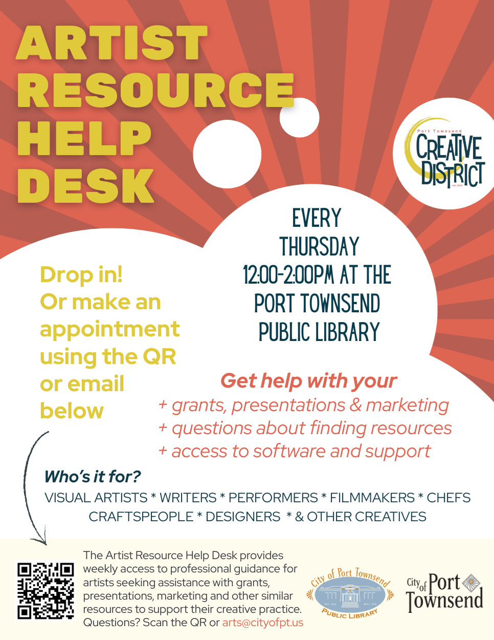 Artist Resource Help Desk every Thursday at the library from 12-2