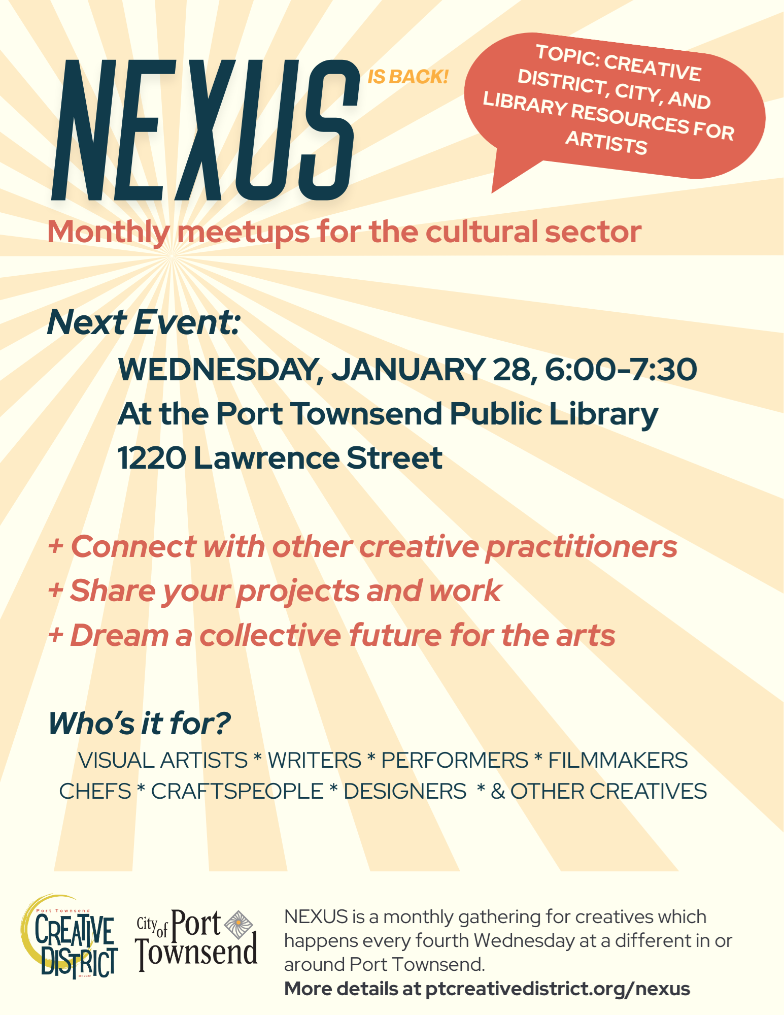 Nexus Monthly Meeting, Wednesday, January 28 6pm at Port Townsend Library