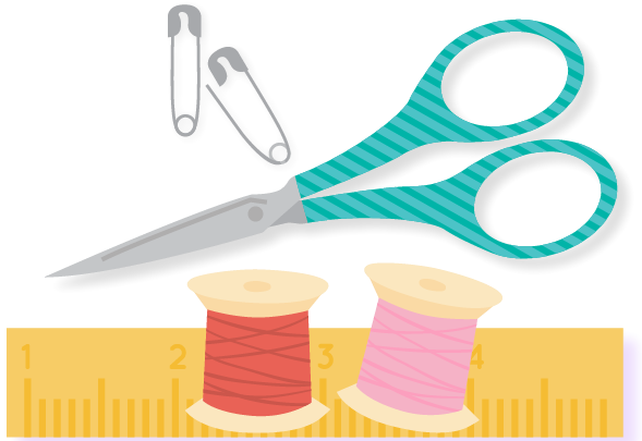 safety pins, scissors, ruler, and thread