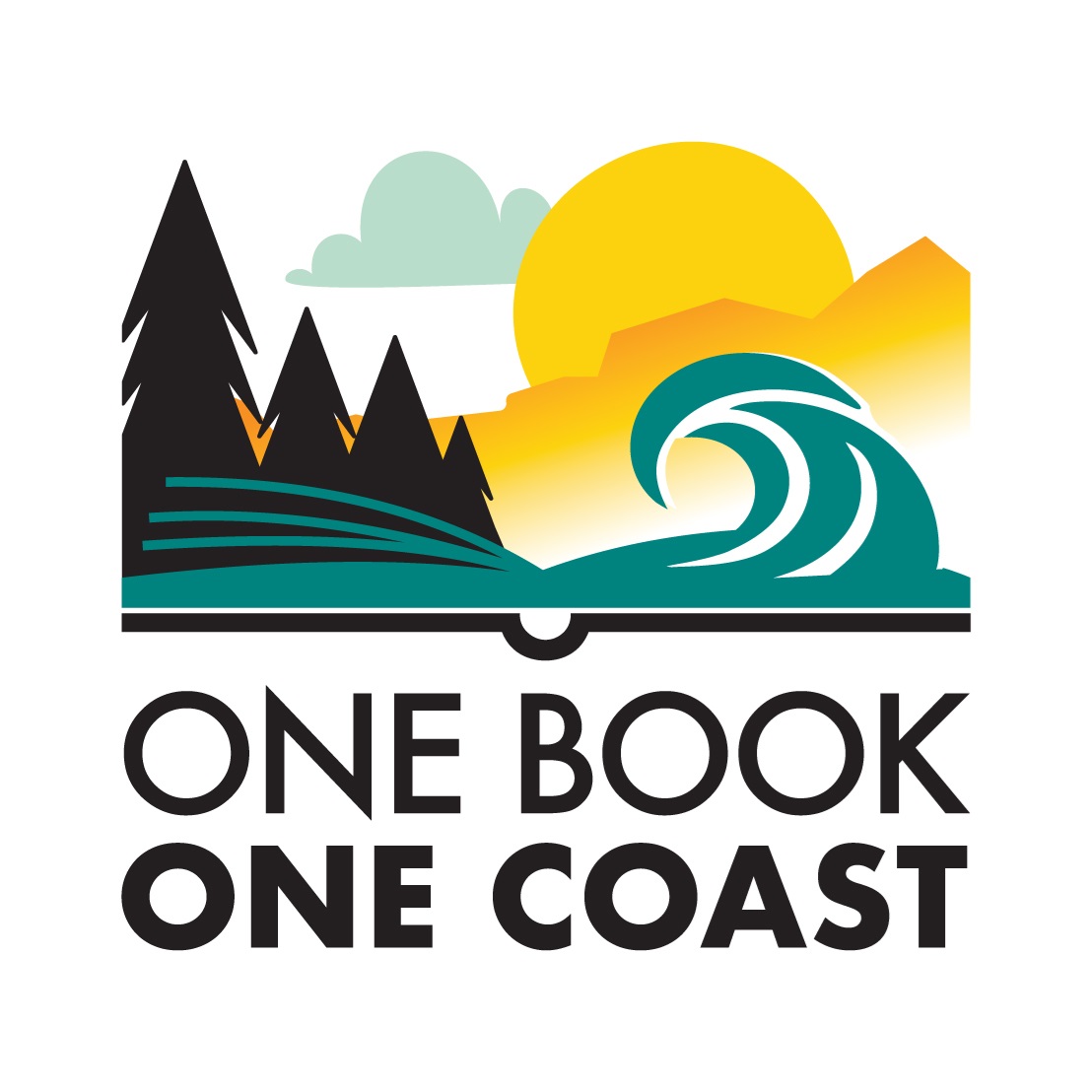 Trees, sun, clouds, a wave and text with One Book One Coast