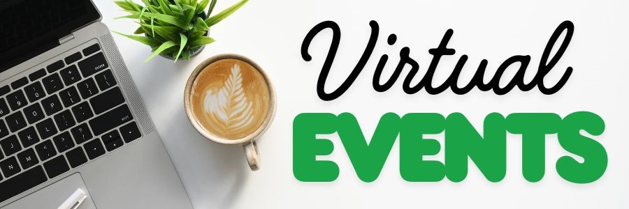 Image of computer and text saying "virtual events"