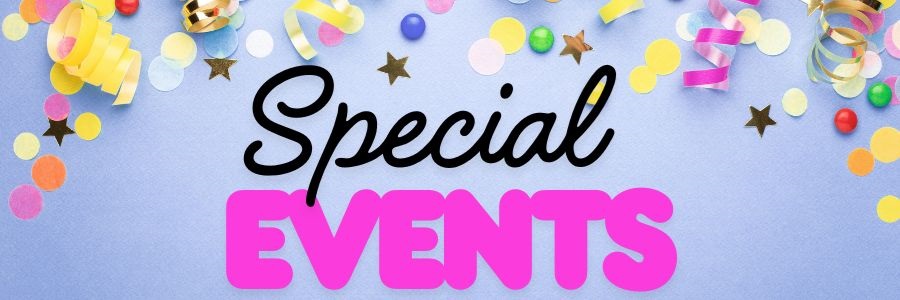 Image of confetti and party supplies and text saying "special events"