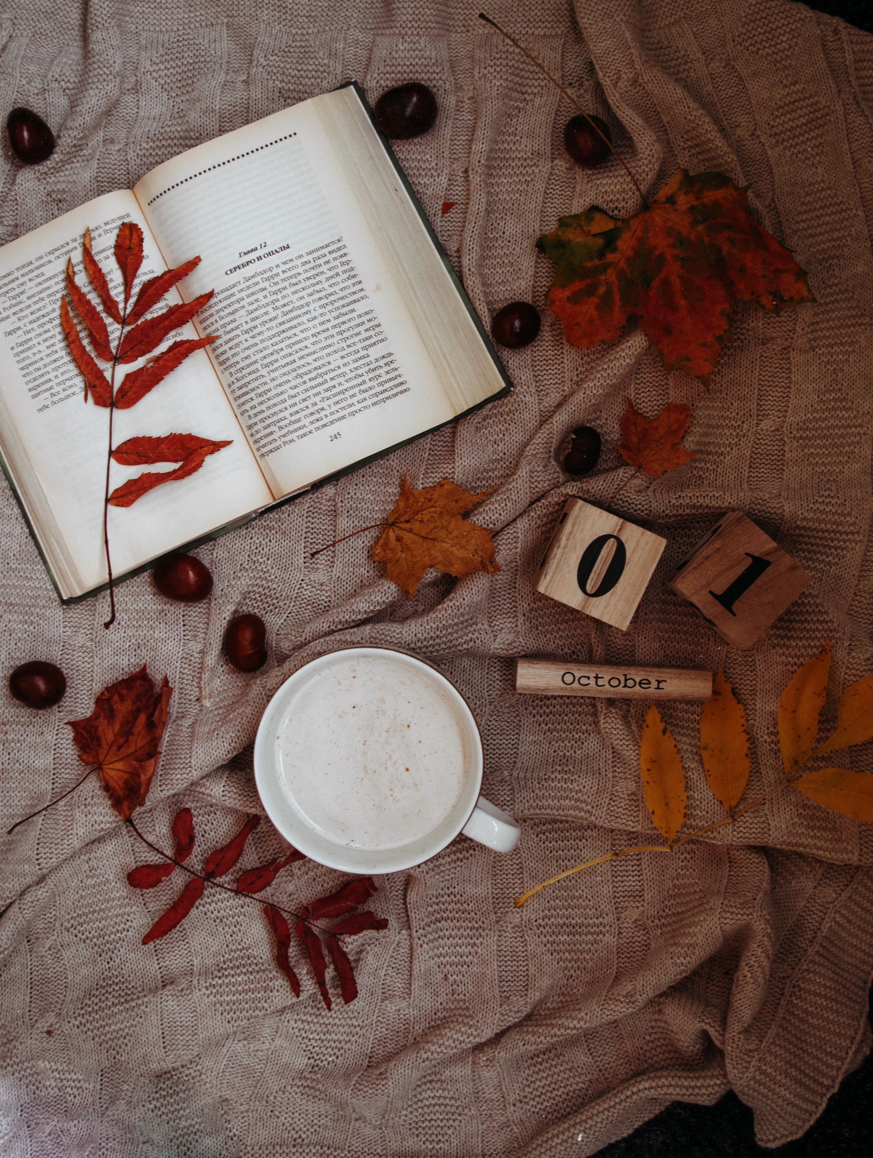 Fall scene: leaves, a book, a cup of coffee and the word October on a wooden block. 