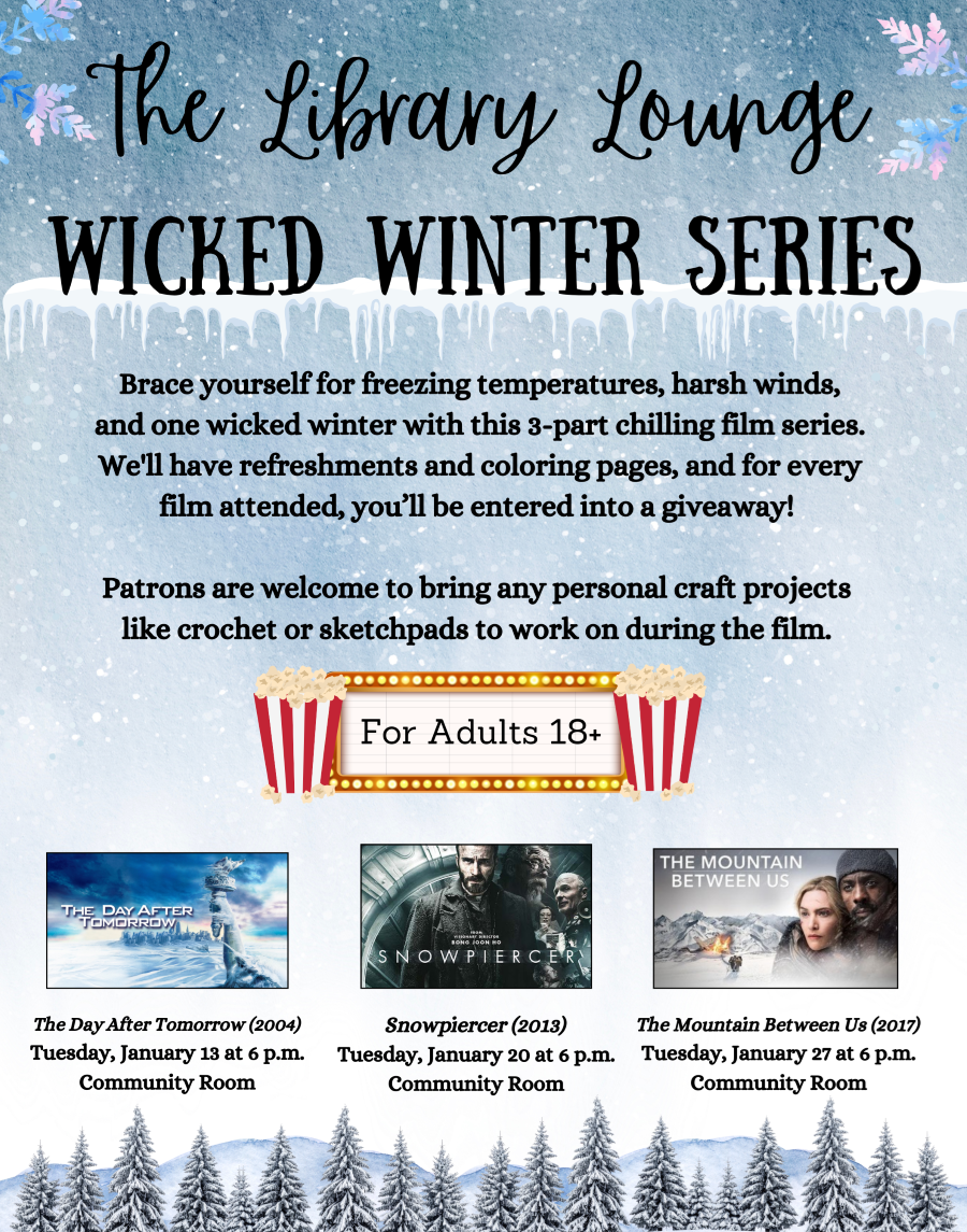 Library lounge poster for movies being shown in January.