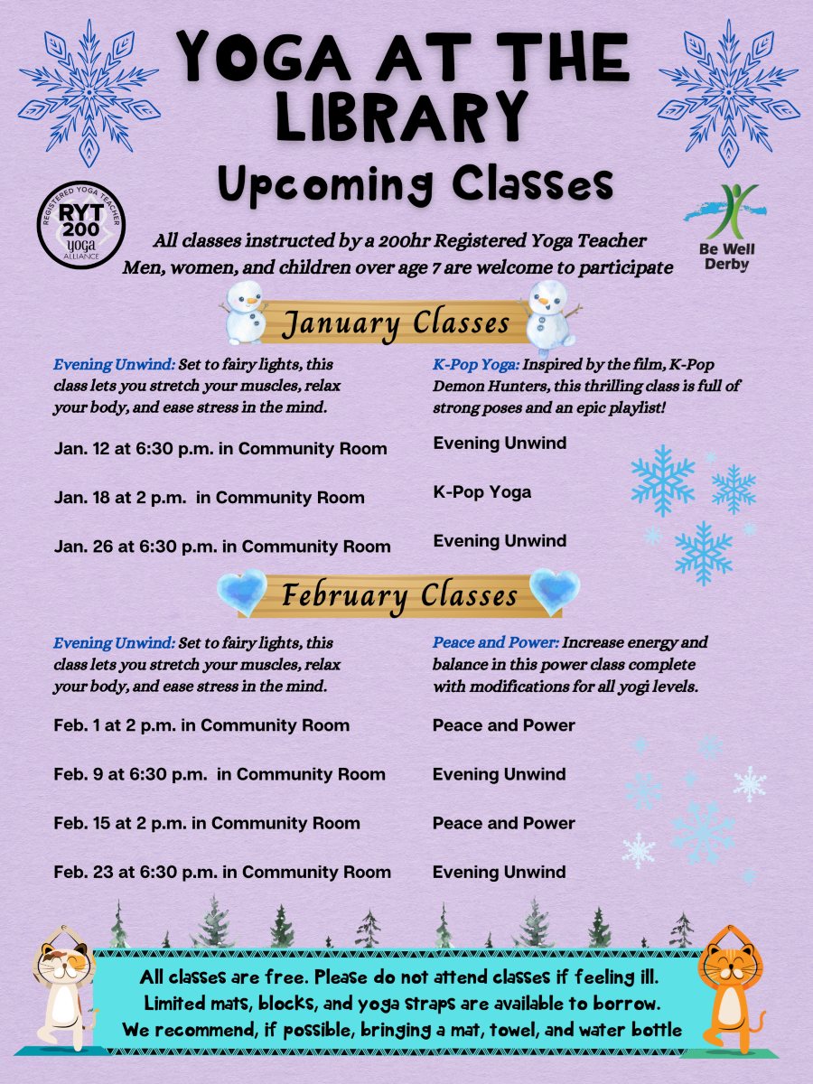 January and February yoga event poster with dates, times and descriptions. The poster will link to the event calendar on our website.