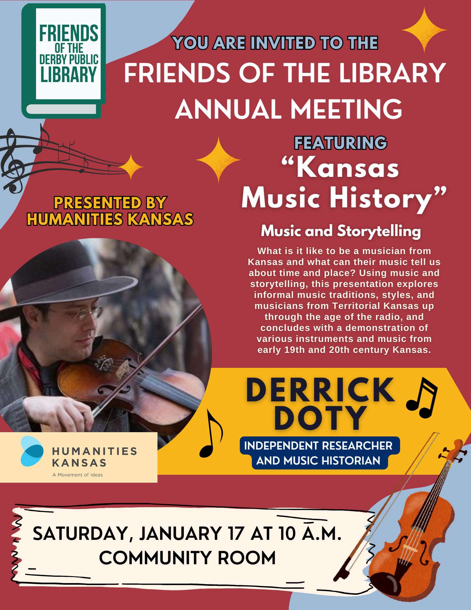 Friends of the library annual meeting poster featuring a presentation by a Kansas Humanities speaker.