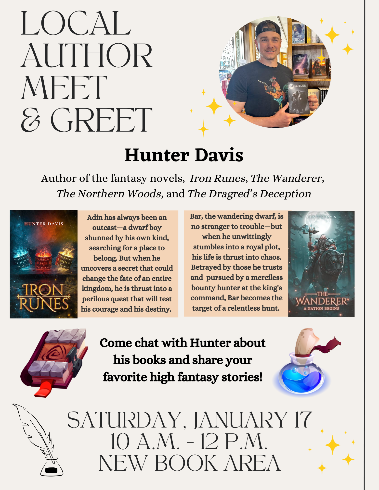 Local author meet and greet poster for Hunter Davis on January 17.