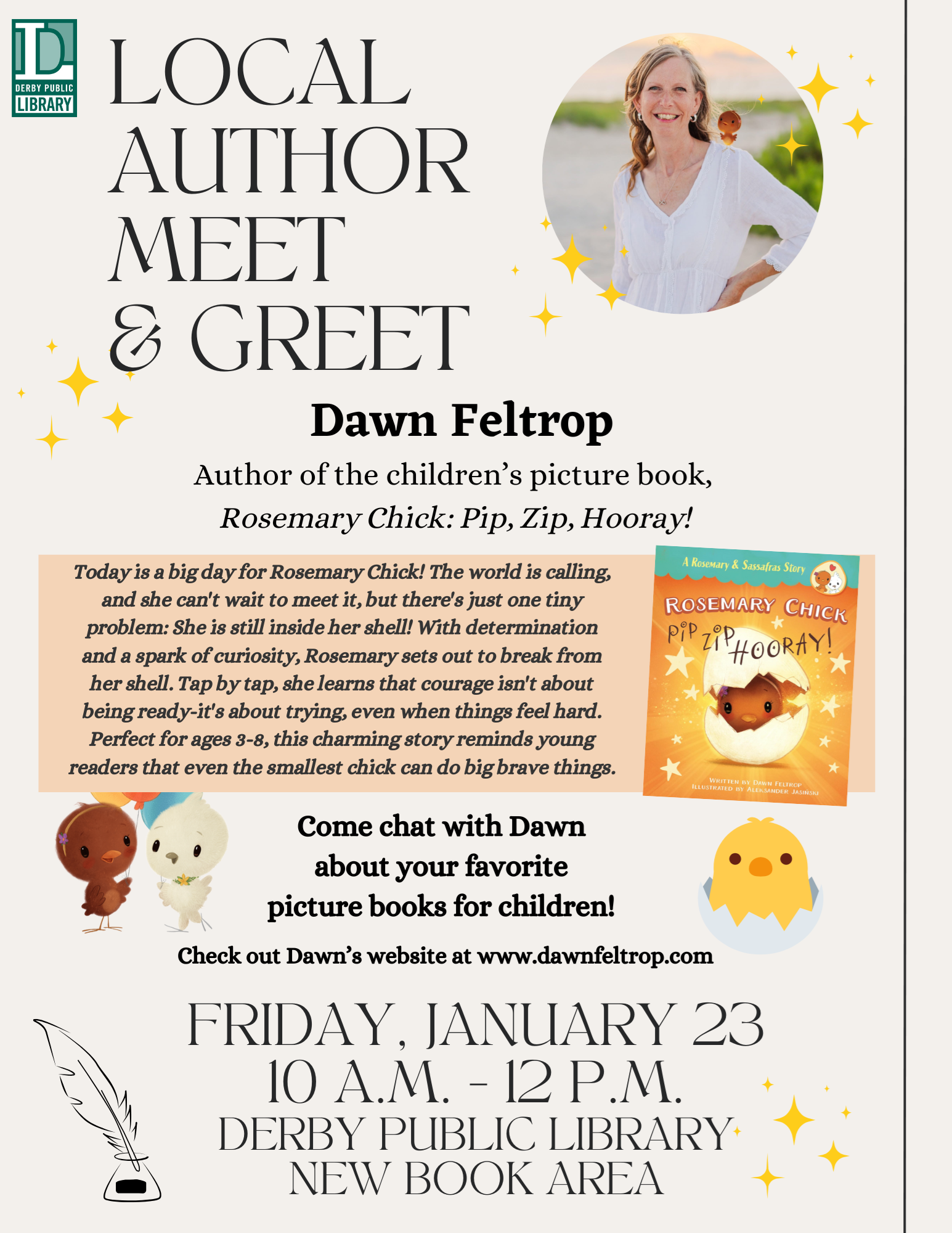 Local author meet and greet poster for Dawn Feltrop on January 23.