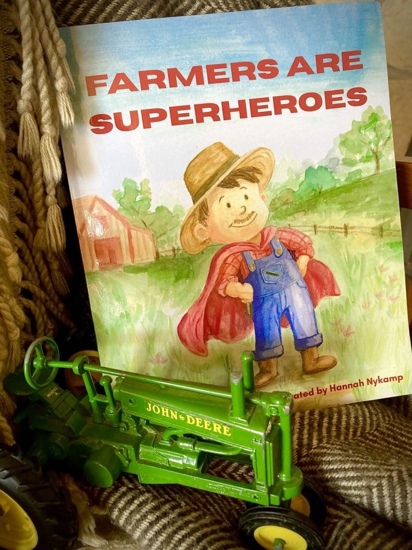 Farmers are superheroes book cover with tractor