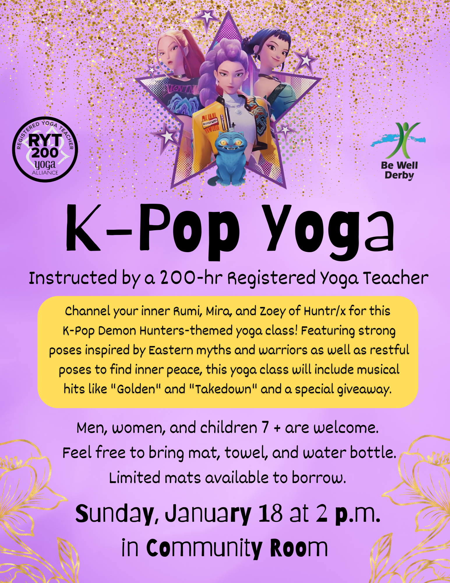 K-Pop yoga class poster for January 18.