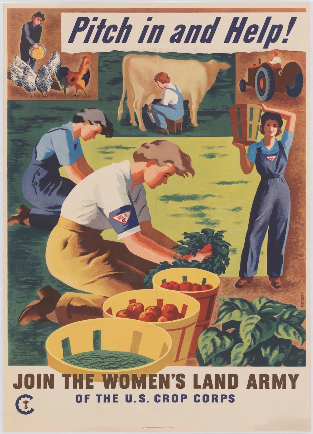 Poster from WWII Pitch in and help. Join the Women's Land Army of the US Crop Corps. Images of women doing various farm jobs