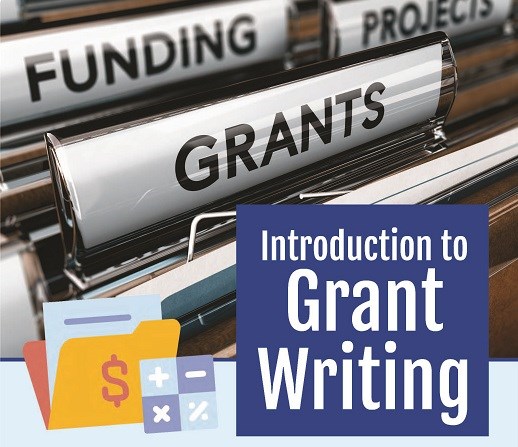 Introduction to grant writing poster showing shelf labels reading Funding, projects, grants