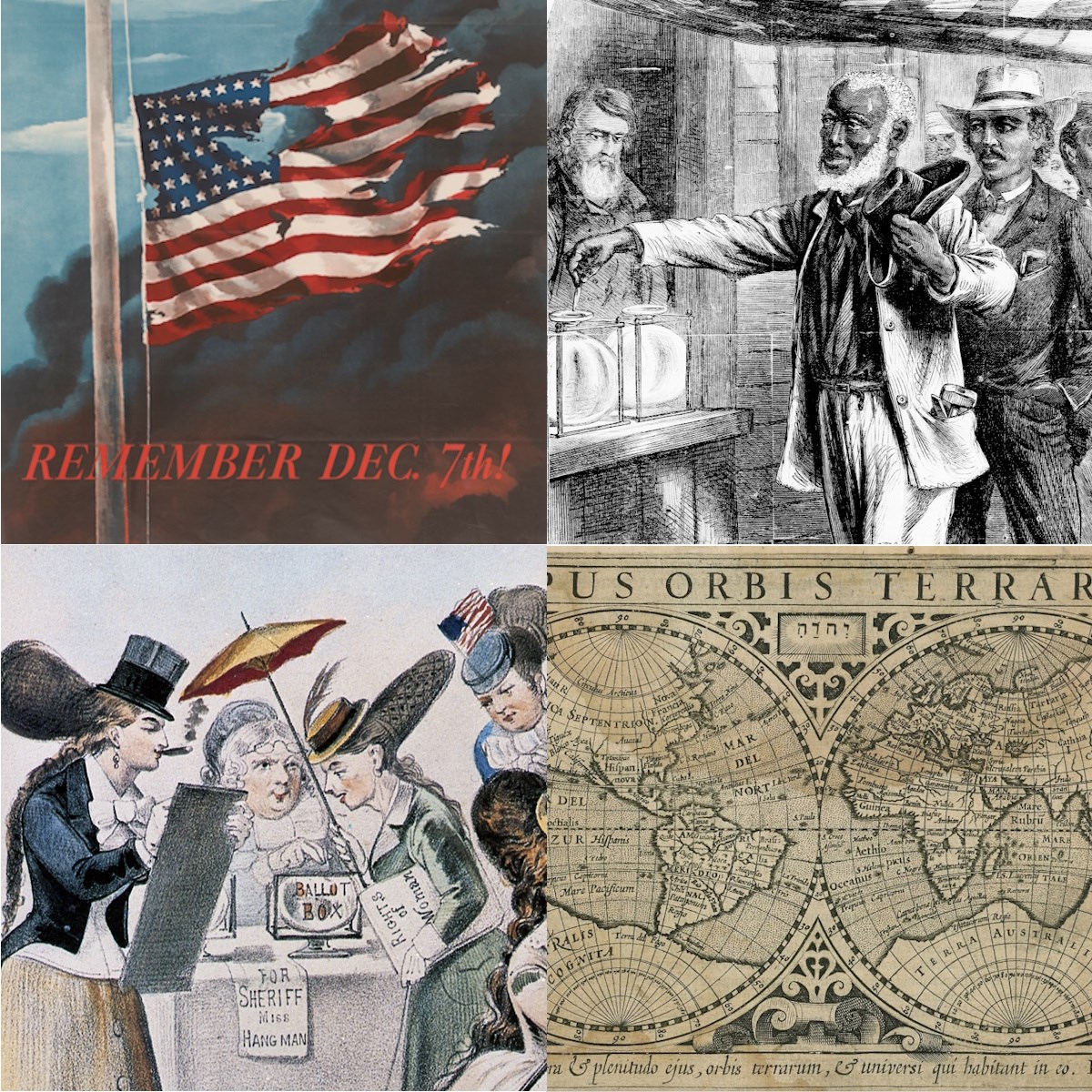 Collage of image from LVA's collection: Pearl Harbor flag, African American voter, women's suffrage, and early map