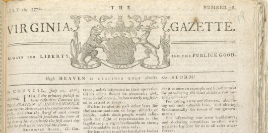 Screenshot of 7/26/1776 Virginia Gazette header