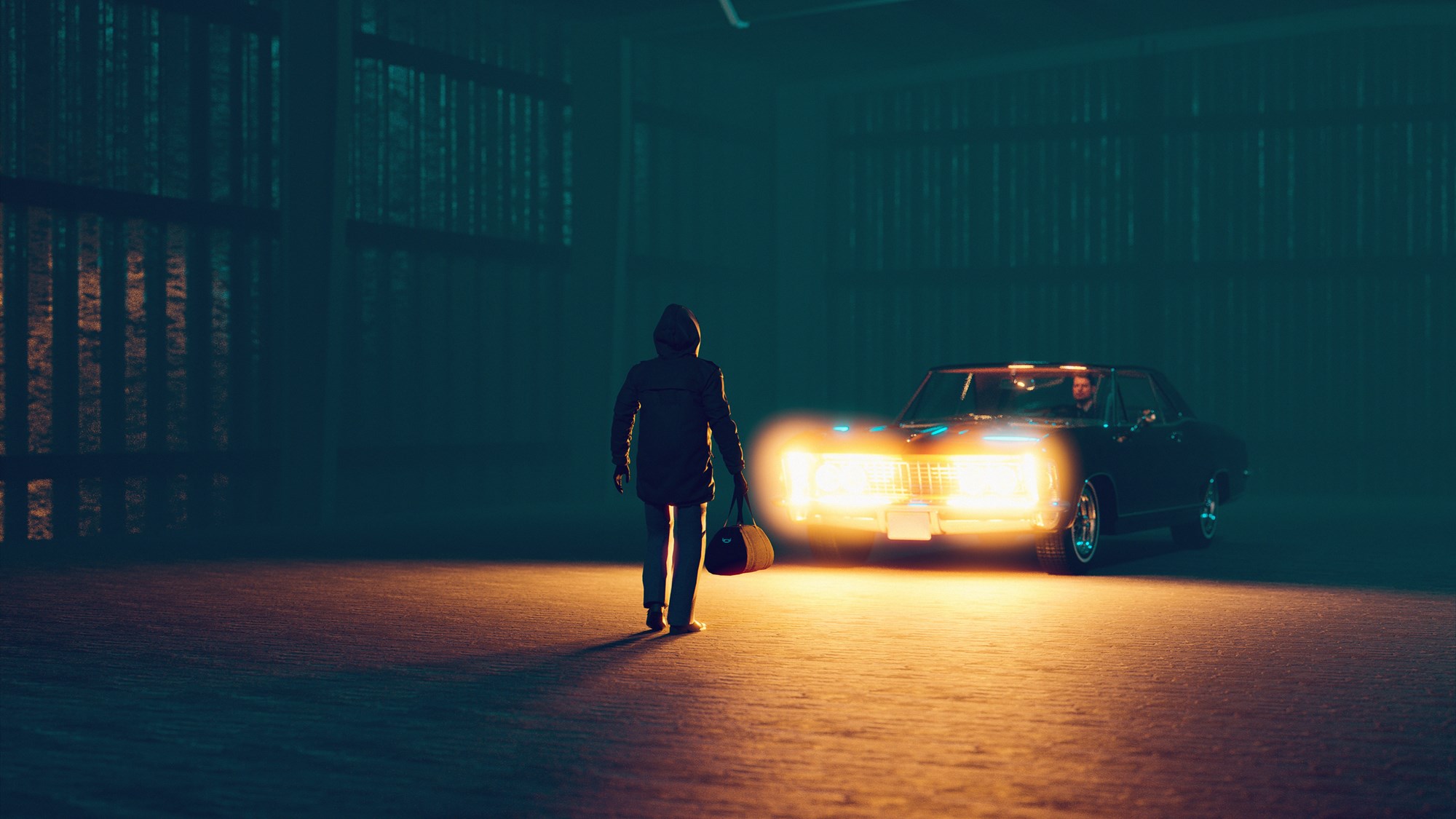 Person Standing in Dark Alley with Car Lights Shining on Him