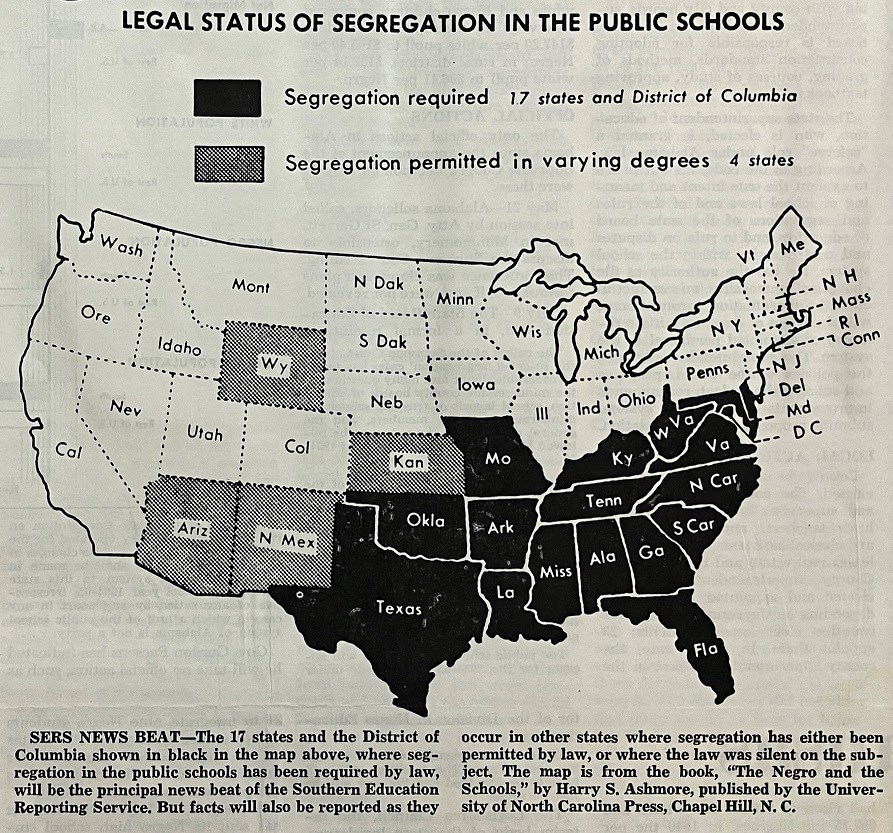 1954 map showing the legal status of school segregation in the US