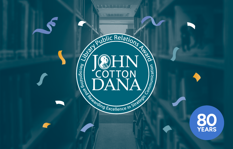 John Cotton Dana award logo on background of library shelves