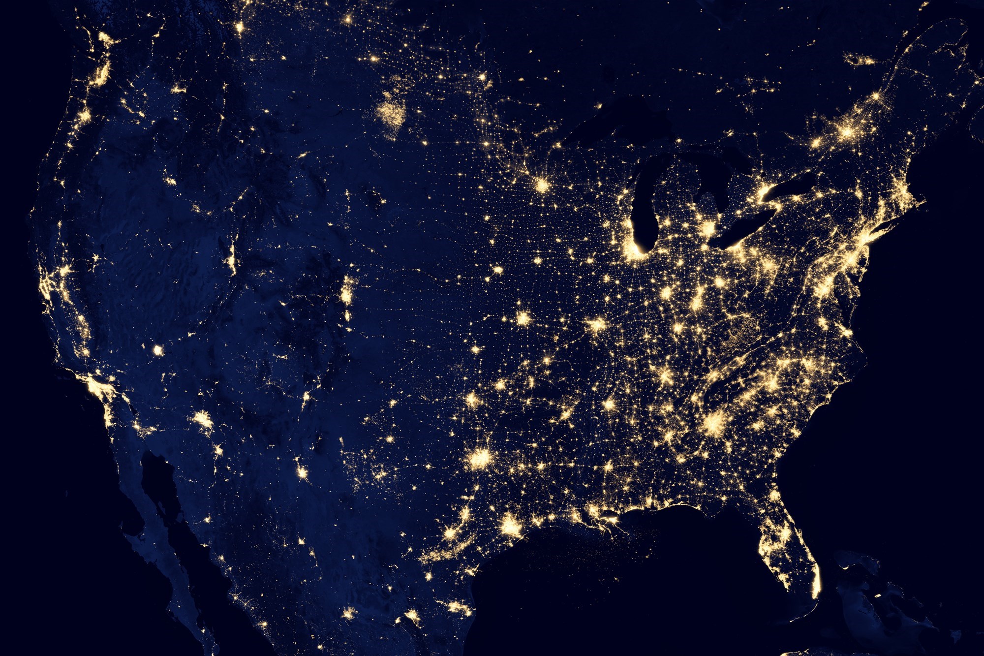 satellite image of US at night with lights in network