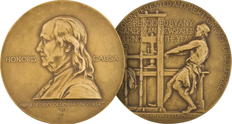 Pulitzer Prize medal front (image of Ben Franklin) and back (image of colonial printer)