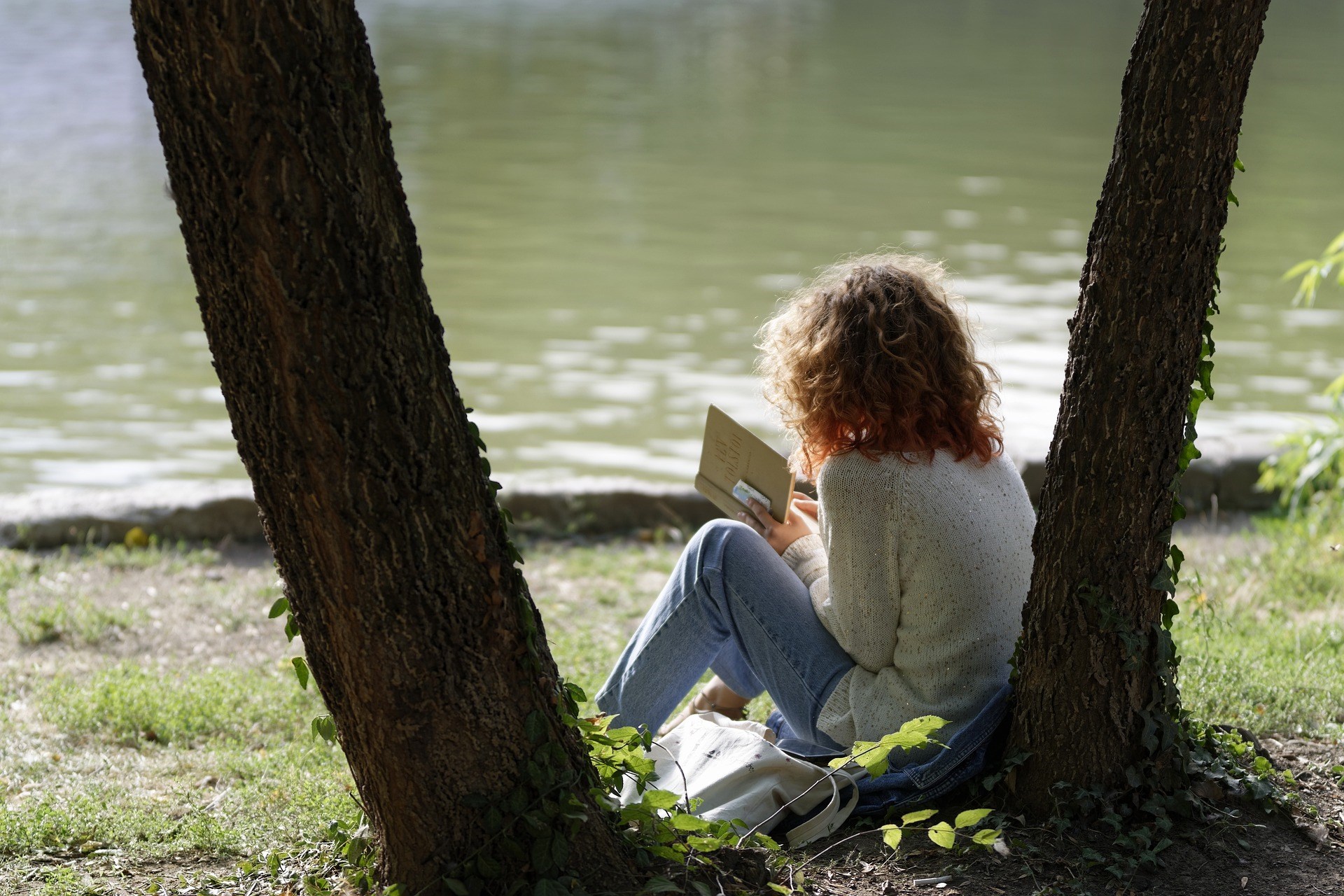 Girl Reading Under a Tree by a Lake