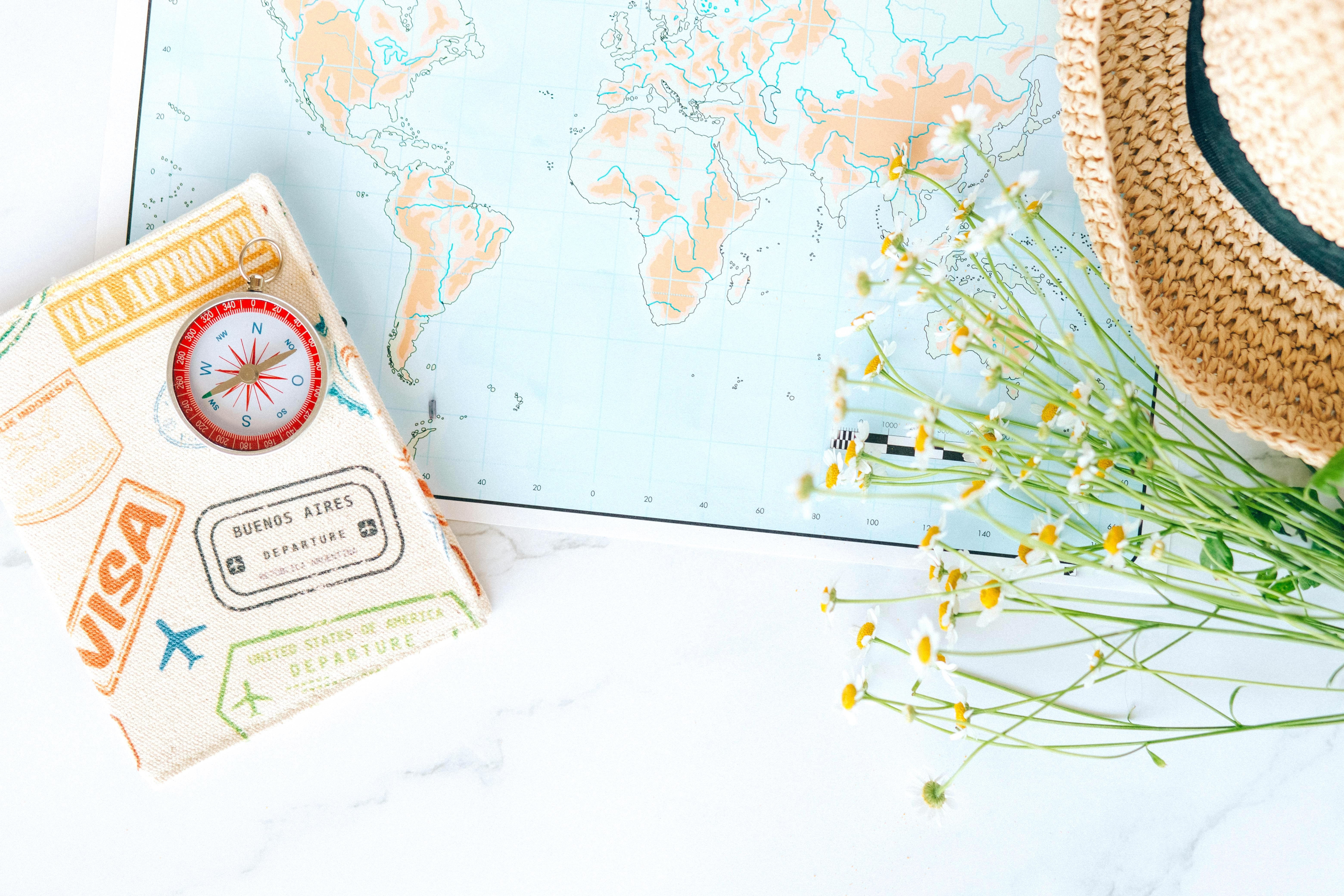 Road Map with Compass Hat and Flowers