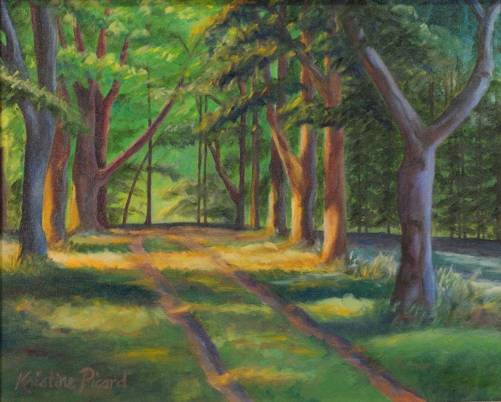 Painting of a forest path surrounded by trees by June artist Kristine Picard-Driscoll.