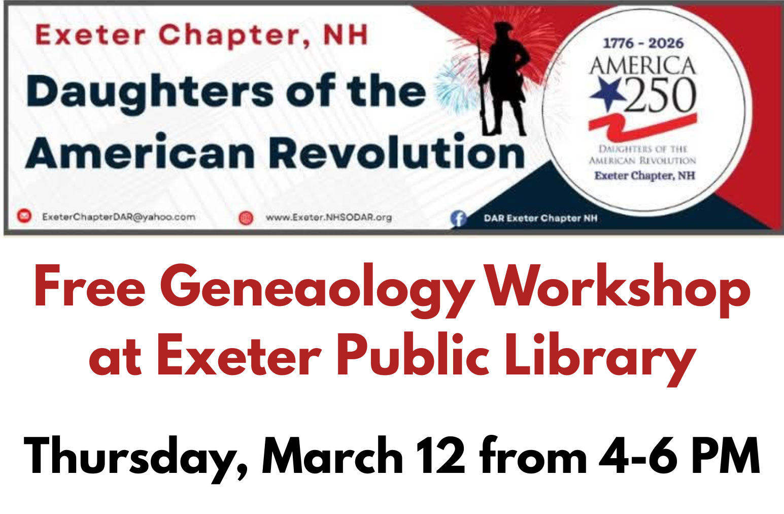 DAR Free Genealogy Workshop on Thursday, March 12 from 4 - 6 PM. 