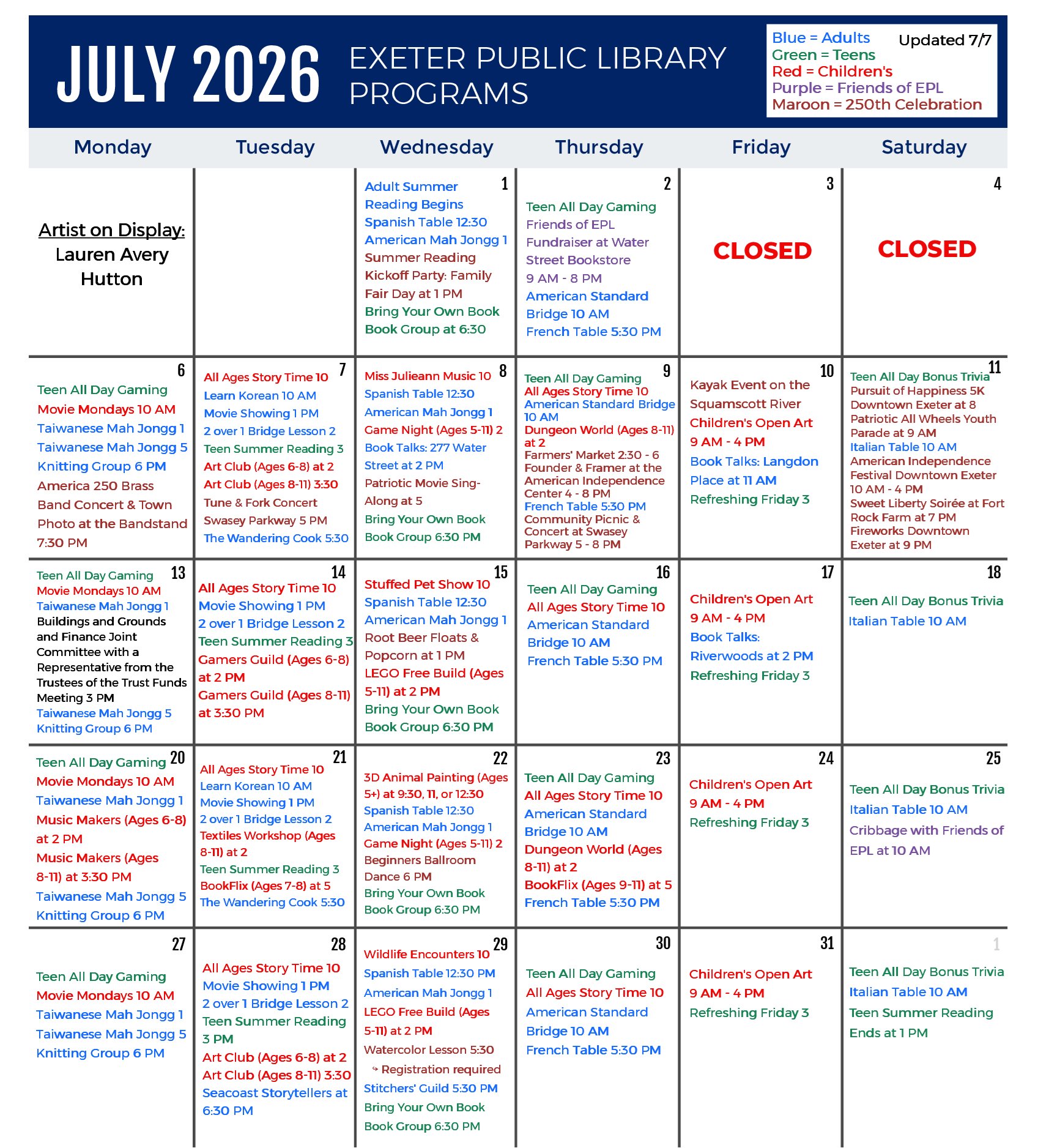 July 2026 Programs Calendar