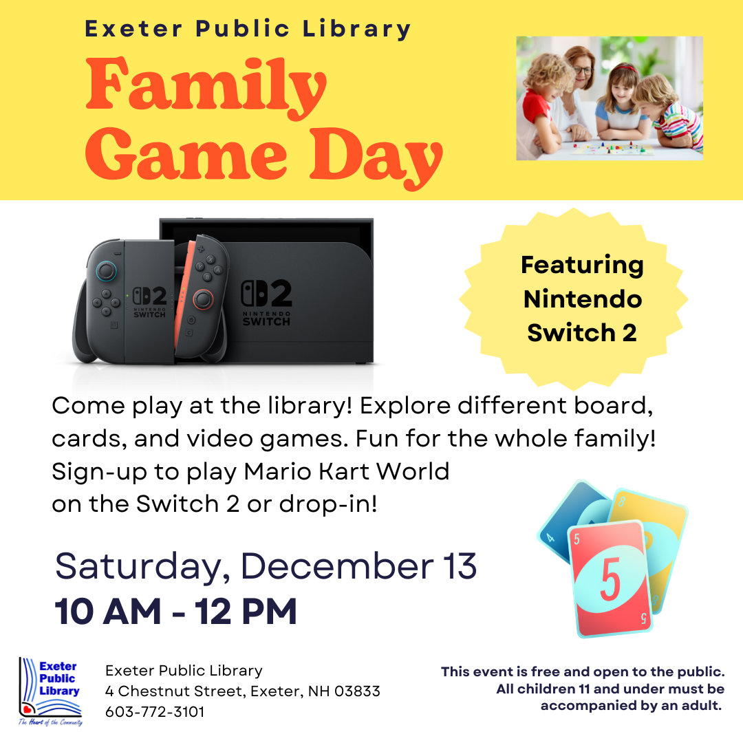 Family Game Day featuring the Nintendo Switch 2 on Saturday, December 13 from 10 AM - 12 PM. Family Game Day featuring the Nintendo Switch 2 on Saturday, December 13 from 10 AM - 12 PM.