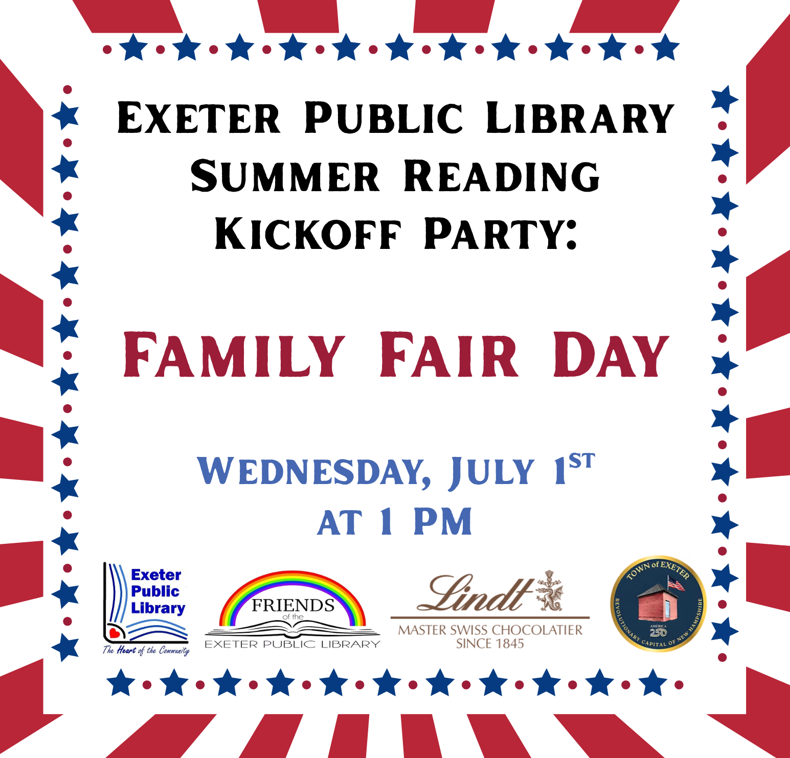 Exeter Public Library Summer Reading Kickoff Party: Family Fair Day on Wednesday, July 1 at 1 PM.