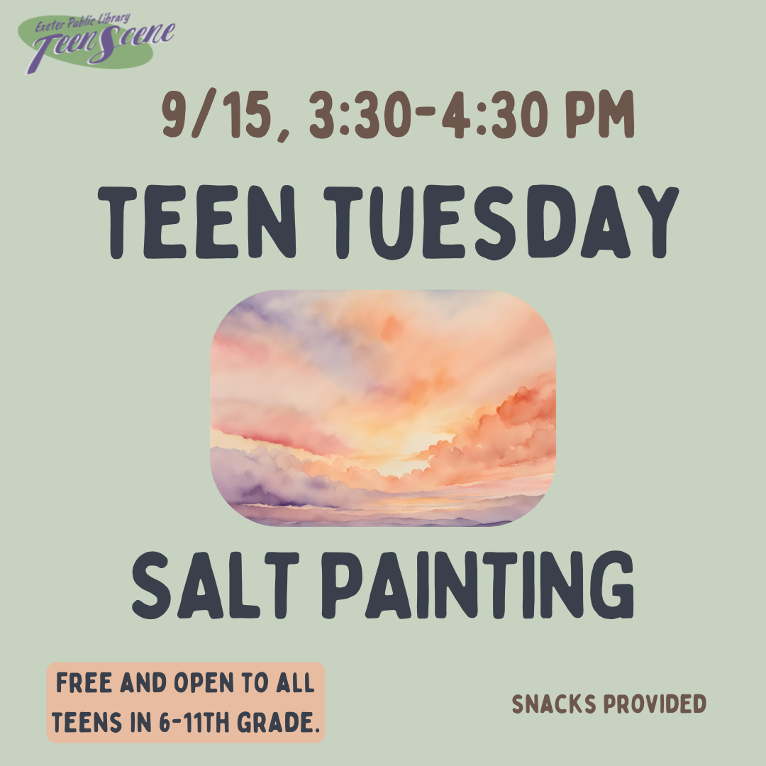Teen Tuesday: Salt Painting on September 15 fom 3:30 - 4:30 PM.