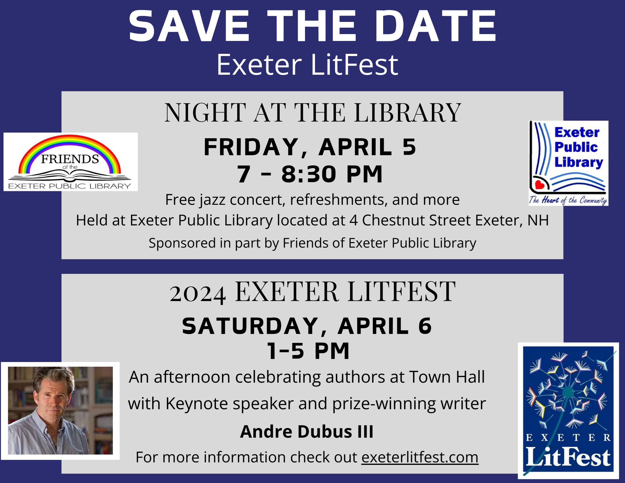 Exeter LitFest Night at the Library Friday, April 5 7 - 8:30 PM.